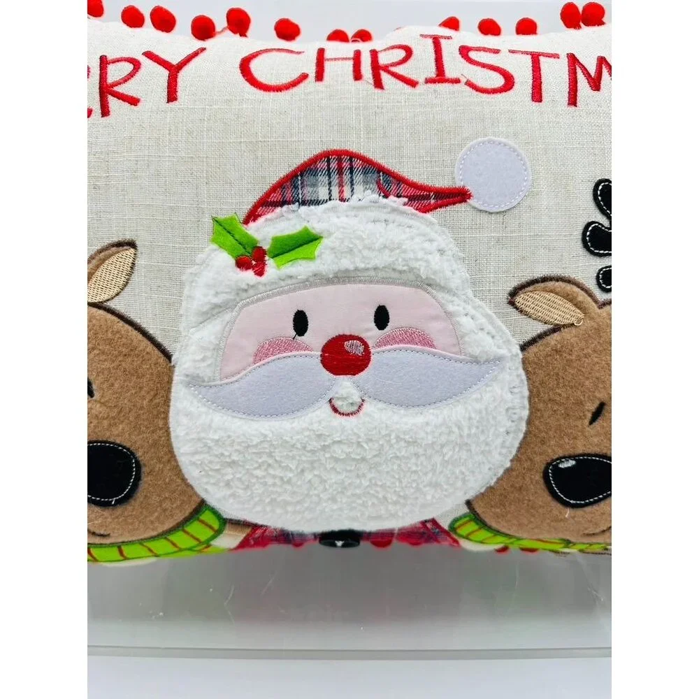 Merry Christmas Pillow Santa Reindeer Pom Pom Decorative Throw Cushion Holiday